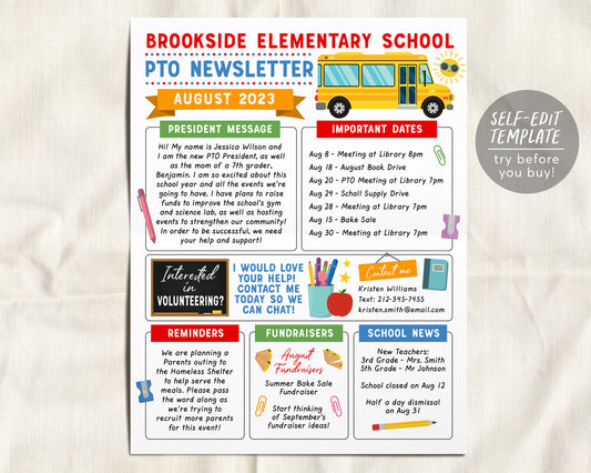 August PTO PTA Newsletter Flyer Editable Template, Summer Back To School Year Flyer Meeting Agenda Organizer Printable Handout Calendar