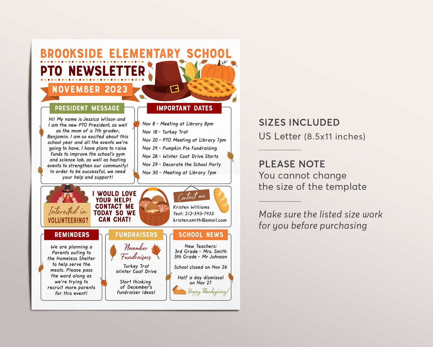 November PTO PTA Newsletter Flyer Editable Template, Back to School Meeting Agenda Printable Handout, Seasonal Fall School Year Classroom