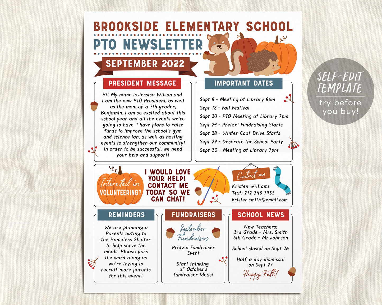 September PTO PTA Newsletter Flyer Editable Template, Back to School Meeting Agenda Printable Handout, Seasonal Fall School Year Classroom