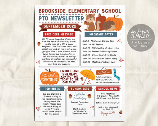 September PTO PTA Newsletter Flyer Editable Template, Back to School Meeting Agenda Printable Handout, Seasonal Fall School Year Classroom