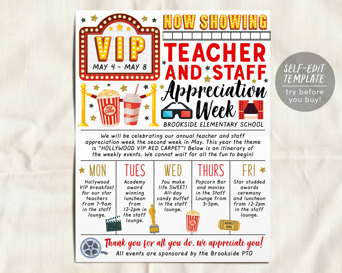 Hollywood Theme Teacher Staff Appreciation Week Itinerary Flyer Editable Template