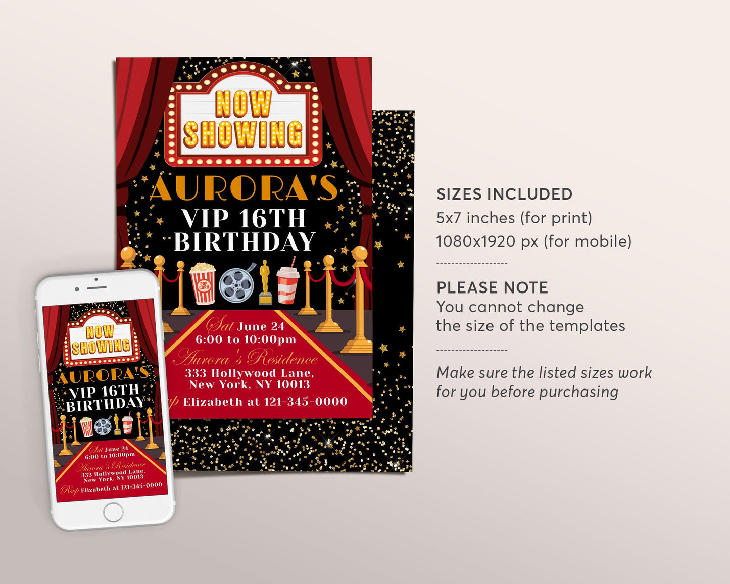 Red Carpet Movie Night Ticket Birthday Invitation Editable Template, Hollywood Star VIP Pass Glam Party Popcorn Invite, 16th Birthday