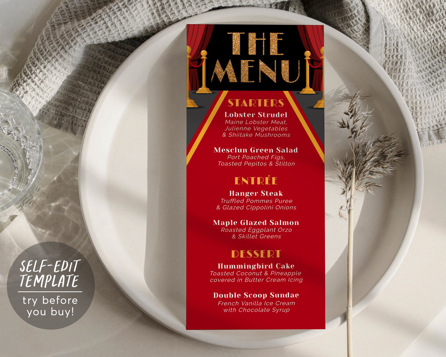 Red Carpet Dinner Menu Editable Template, Hollywood VIP Pass Sweet Sixteen Birthday Menu, Prom Wedding Movie Star Glam Party Food and Drink