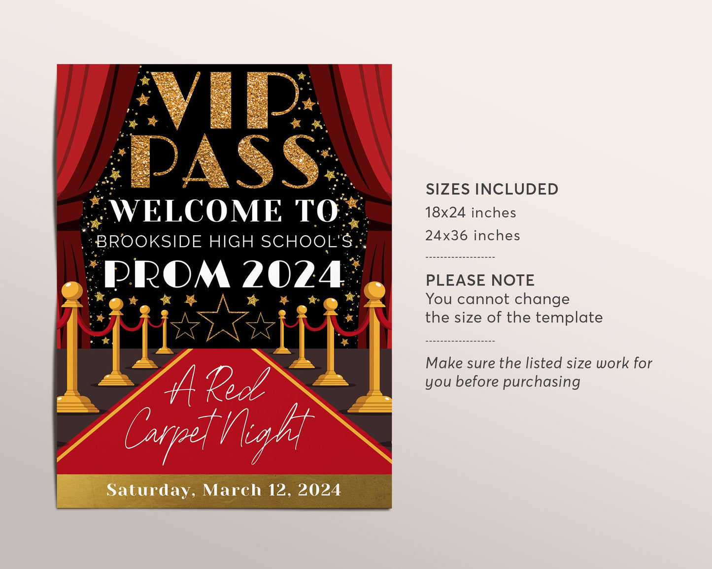 VIP Pass Prom School Dance Welcome Sign Editable Template, Red Carpet Hollywood Theme Party Poster, VIP Access Homecoming Dance Printable