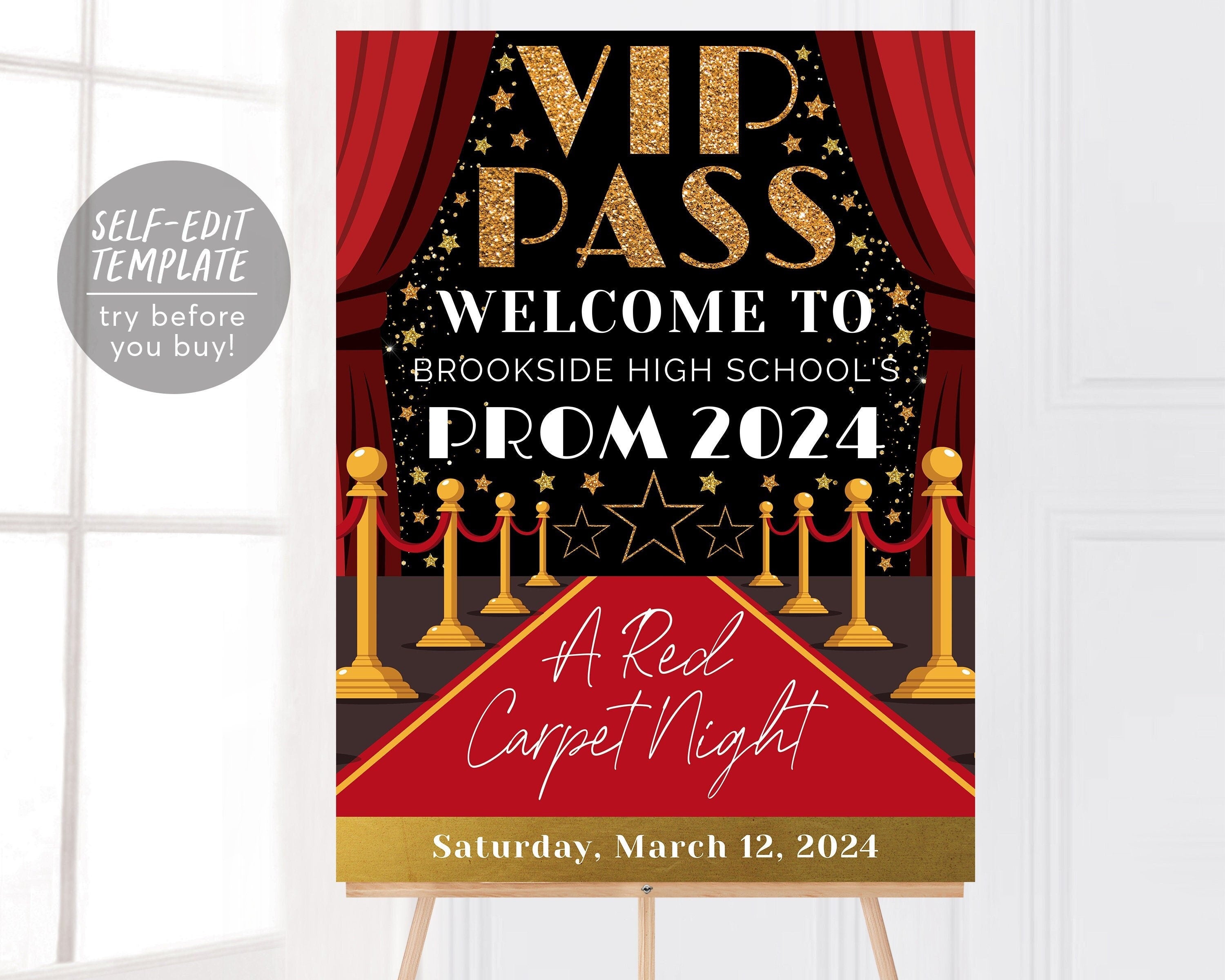 VIP Pass Prom School Dance Welcome Sign Editable Template, Red Carpet ...