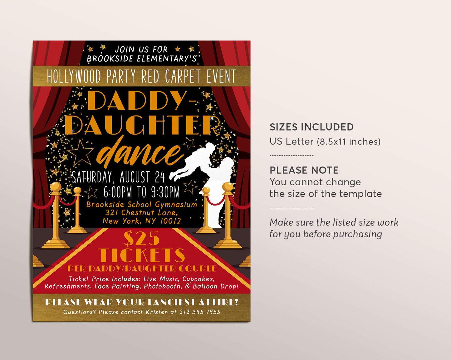 Daddy Daughter Dance School Flyer Editable Template, Hollywood Red Carpet Event Invitation Invite Printable, PTO PTA Church Community Event