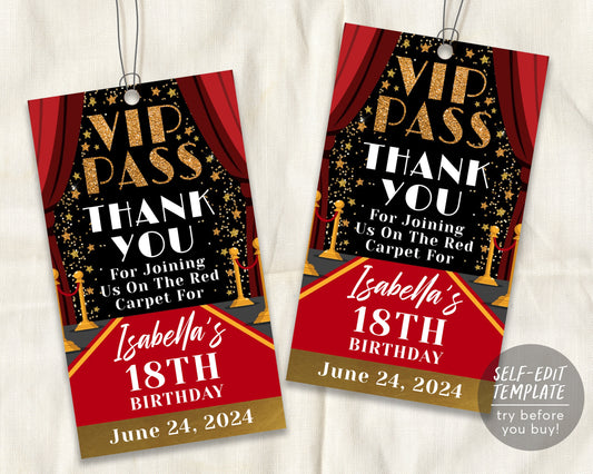 VIP Pass Birthday Party Thank You Tags Editable Template, Hollywood Red Carpet Favor Tag, Movie Star Glam Party Quinceanera 18th Birthday