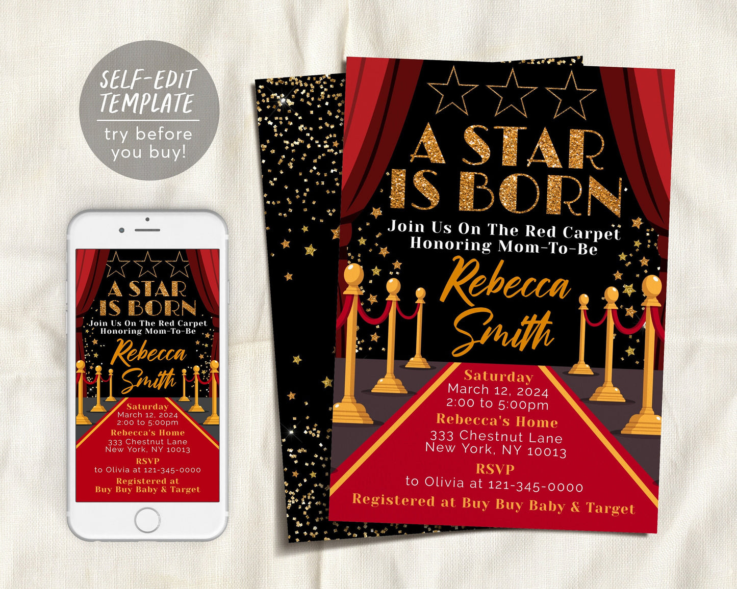 Red Carpet Baby Shower Invitation Editable Template, A Star Is Born Hollywood Movie Sprinkle Invite, VIP Pass Movie Star Glam Unisex Evite