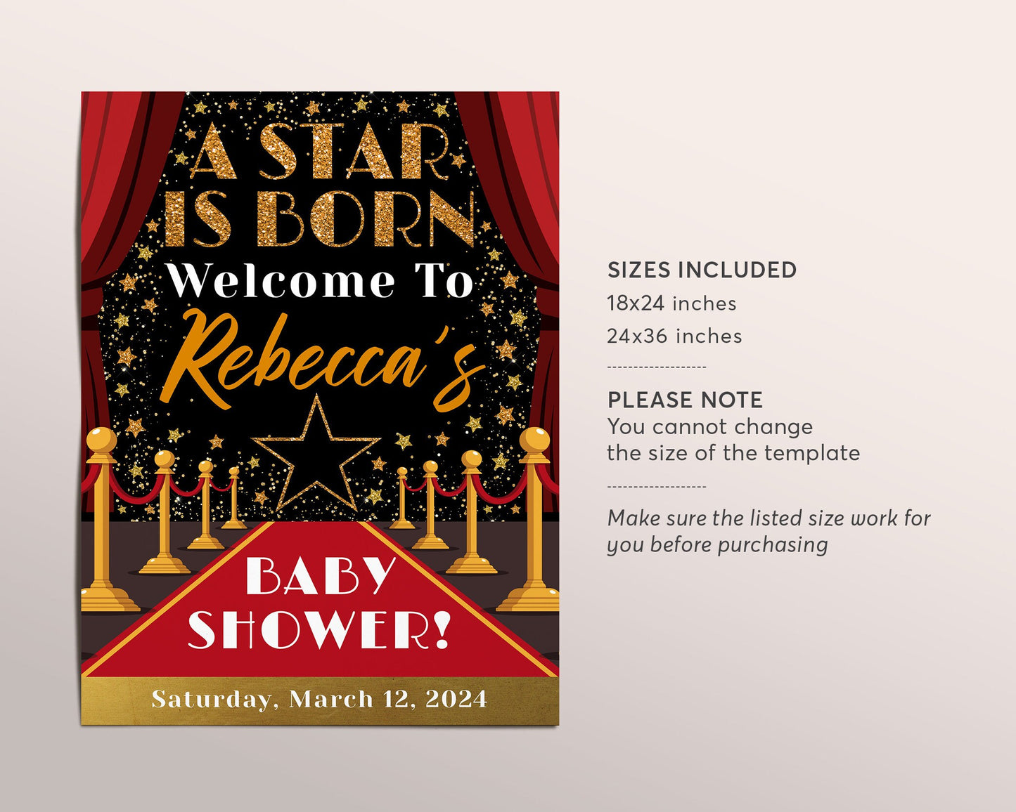 Red Carpet Baby Shower Welcome Sign Editable Template, A Star Is Born Hollywood Theme Unisex Sprinkle Party Poster VIP Access Decor