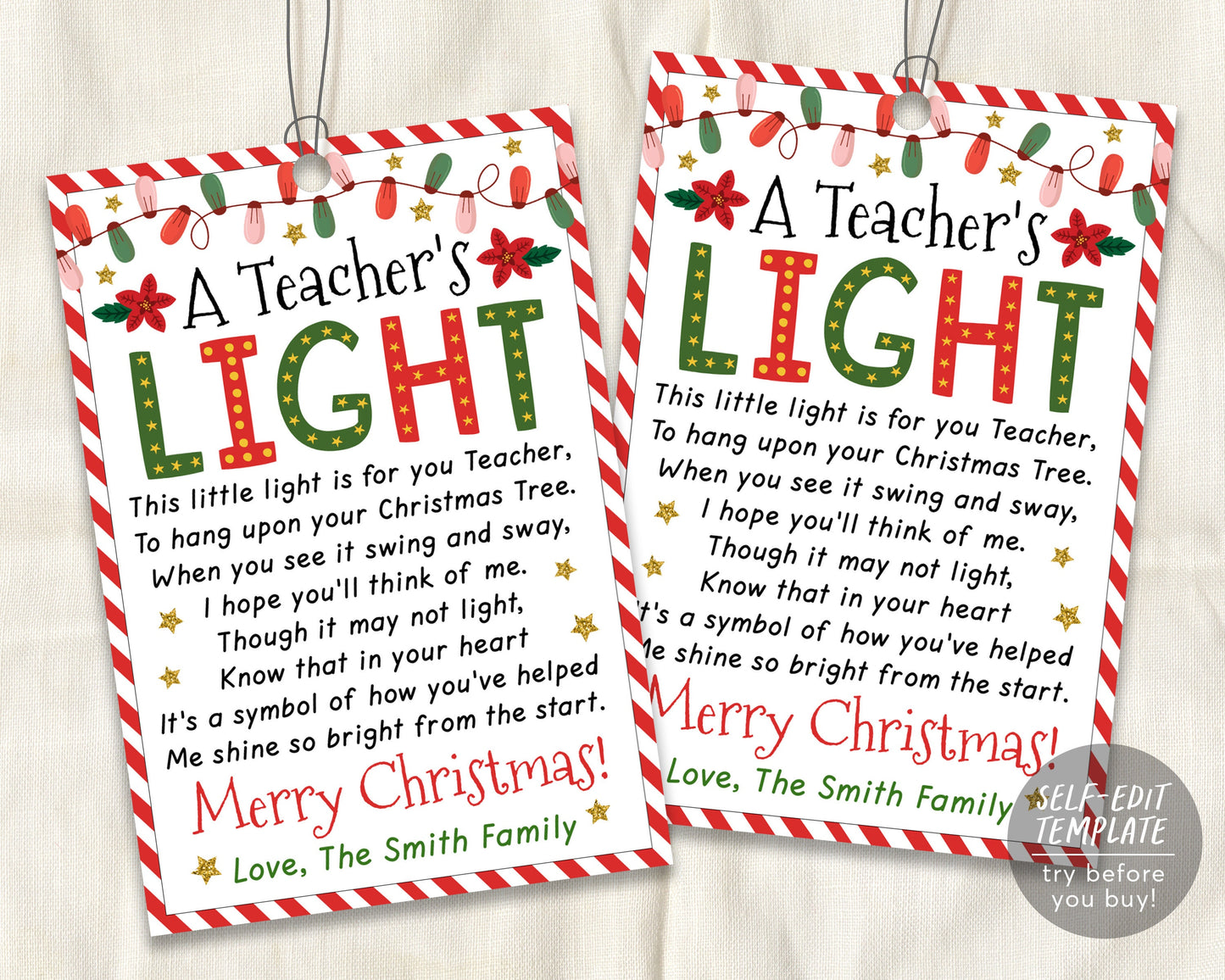 A Teachers Light Gift Tag Editable Template