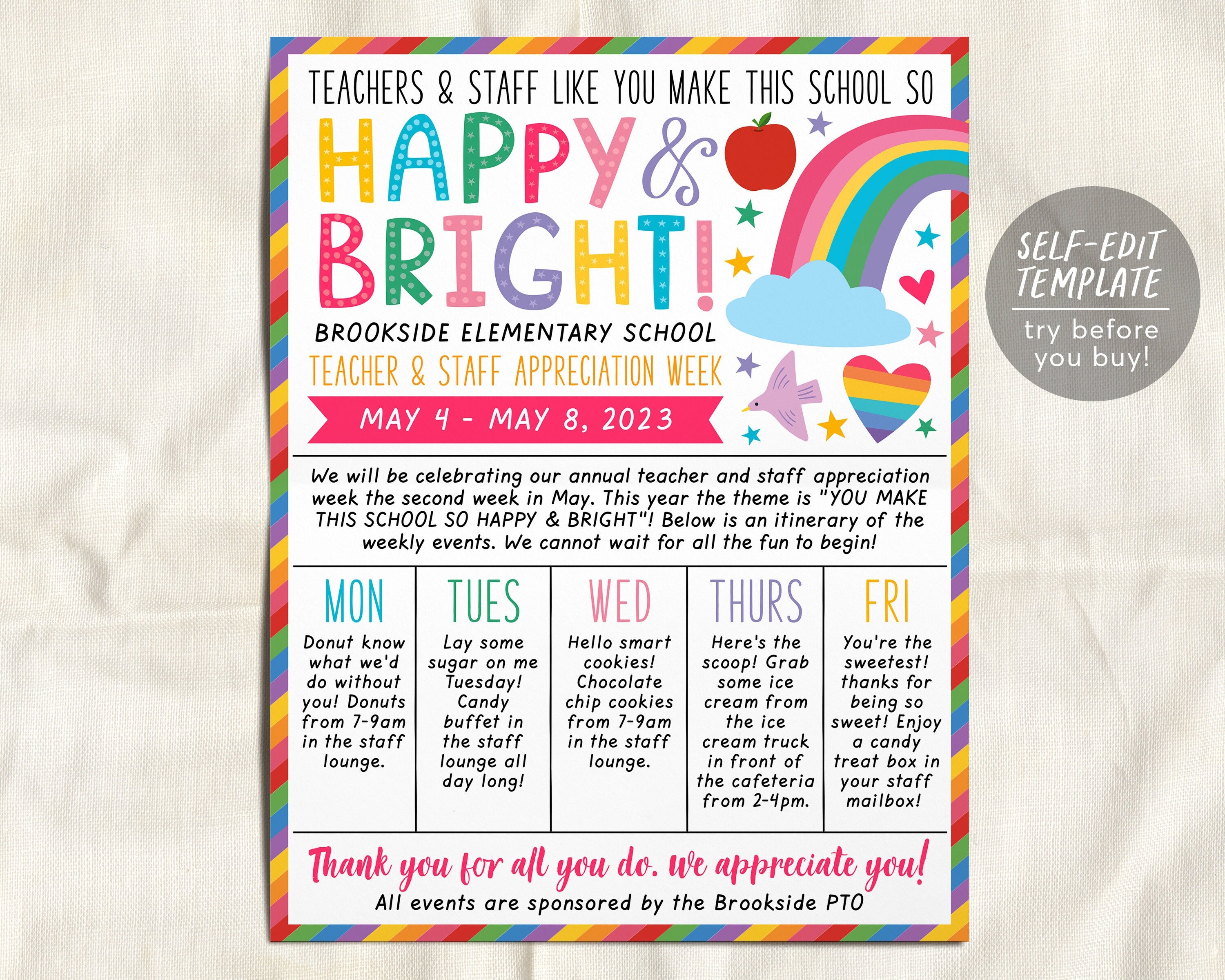 Teacher Staff Appreciation Week Itinerary Flyer Rainbow Theme Editable