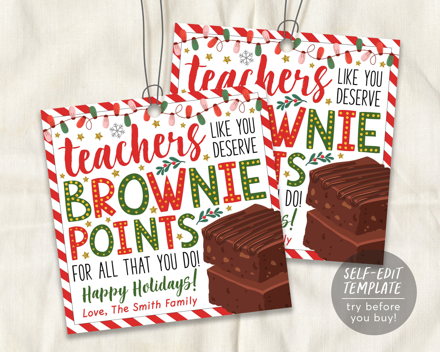Chocolate Brownie Christmas Gift Tag Editable Template, Teachers Deserve Brownie Points, Holiday Treat Jar Mix Tag, Staff Xmas Appreciation