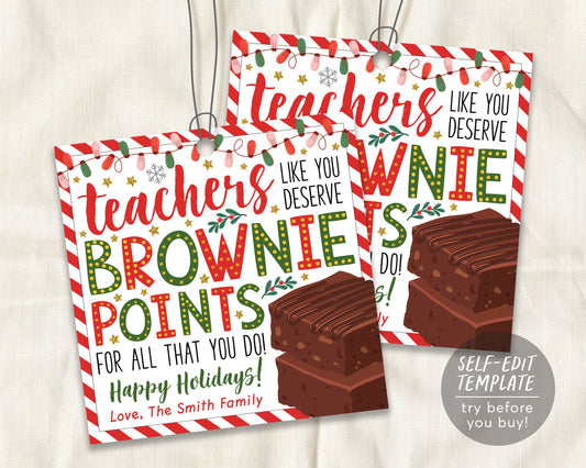 Chocolate Brownie Christmas Gift Tag Editable Template, Teachers Deserve Brownie Points, Holiday Treat Jar Mix Tag, Staff Xmas Appreciation