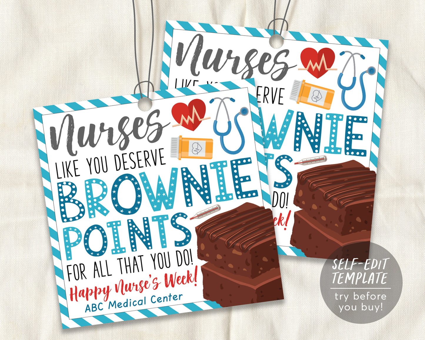 Chocolate Brownie Nurse's Week Thank You Appreciation Gift Tag Editable Template, Nurses Deserve Brownie Points Treat Tags, Medical Staff