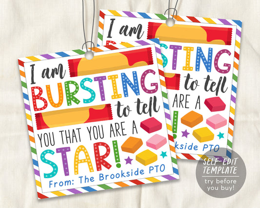 Bursting To Tell You Are A Star Gift Tag Editable Template
