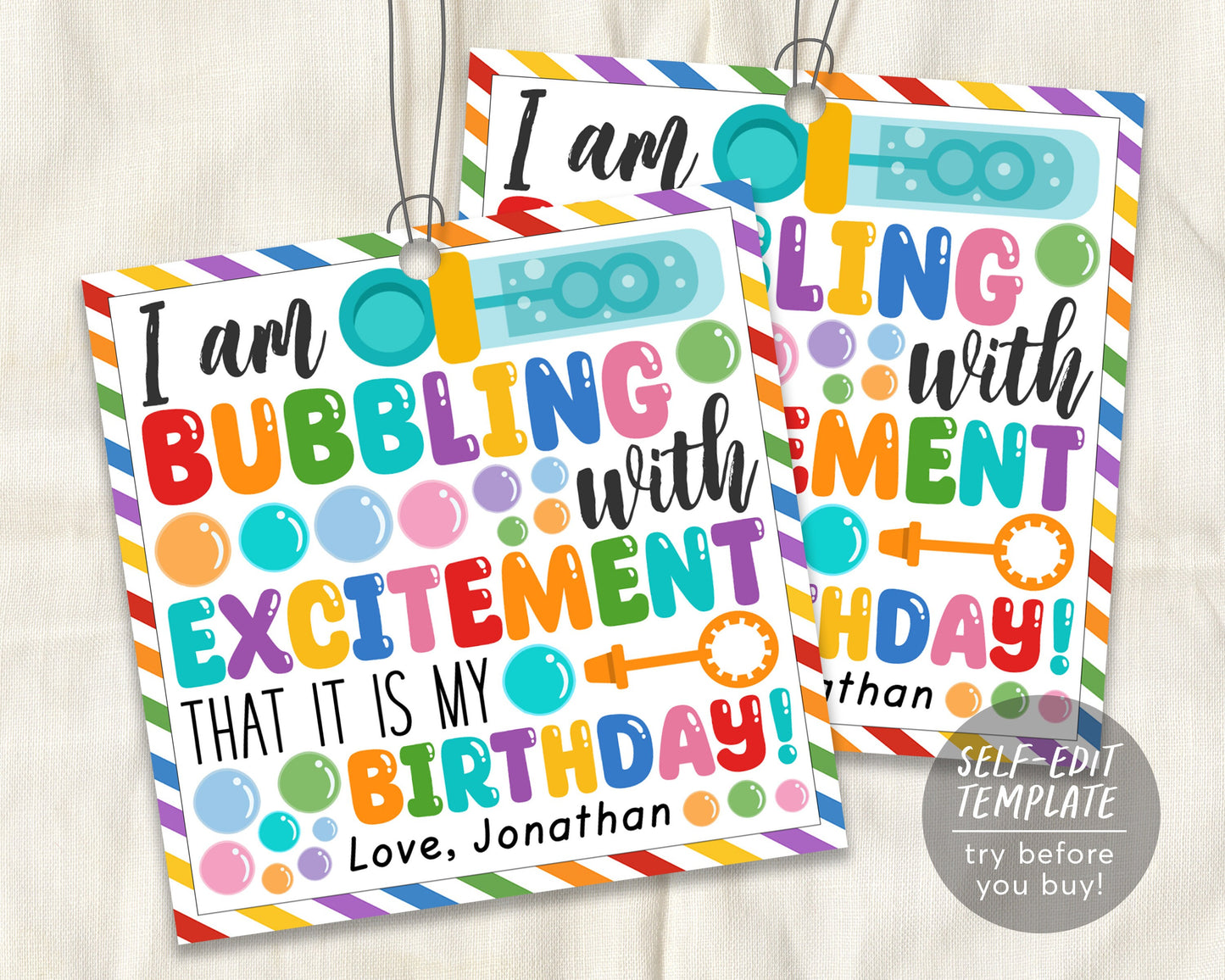 Bubbling With Excitement Birthday Party Favor Tags Editable Template, Kids Bubbles Birthday Celebration Gift Tag Printable, Bubbles of Fun