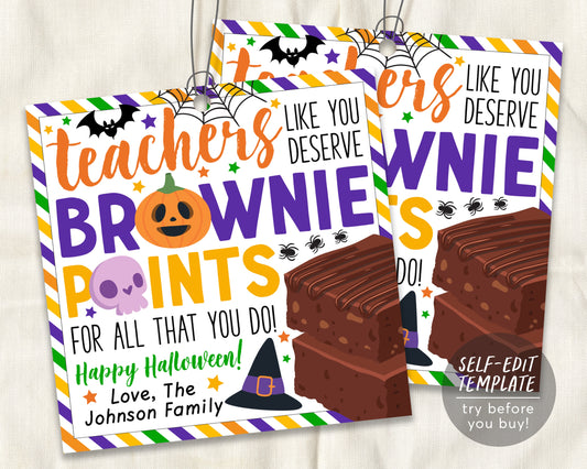 Halloween Teacher Gift Tags Editable Template, Teachers Deserve Brownie Points, Fall Thank You Label Gift Treat, School PTO PTA Appreciation
