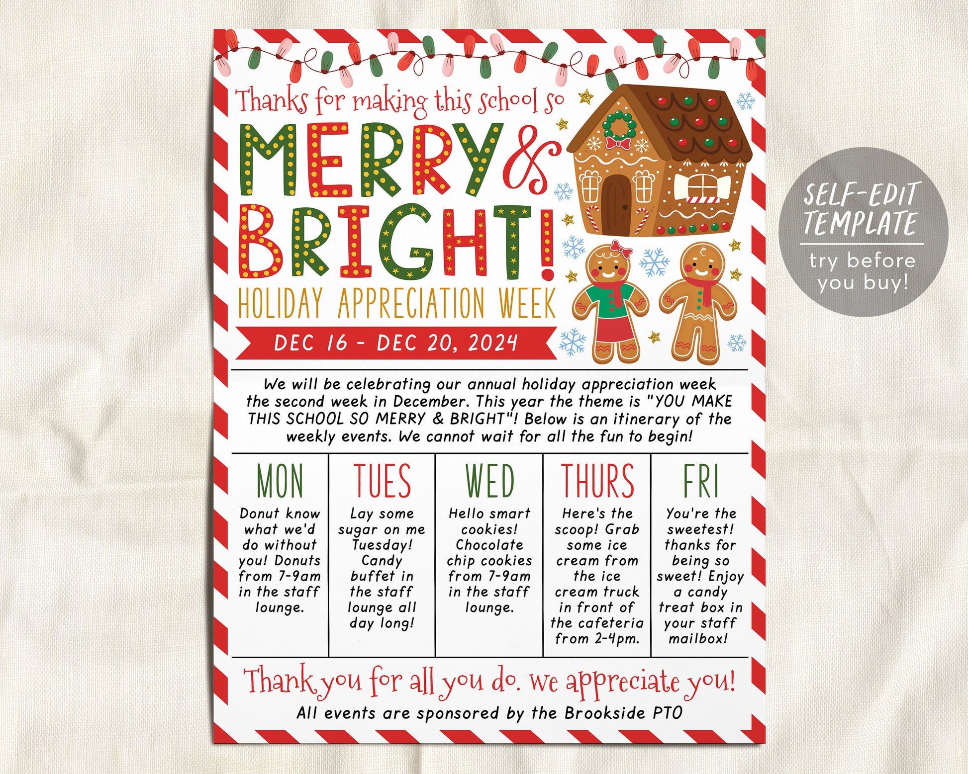 Holiday Theme Teacher Staff Appreciation Week Itinerary Flyer Editable Template