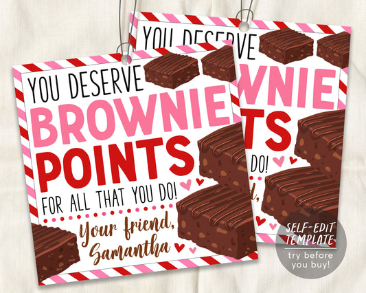 Valentine's Day Brownie Favor Tags Editable Template, You Deserve Brownie Points, Employee Volunteer Friend Staff Thank You Appreciation Tag