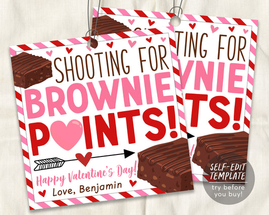Valentine's Day Brownie Favor Tags Editable Template, Shooting for Brownie Points, Employee Volunteer Friend Staff Thank You Appreciation