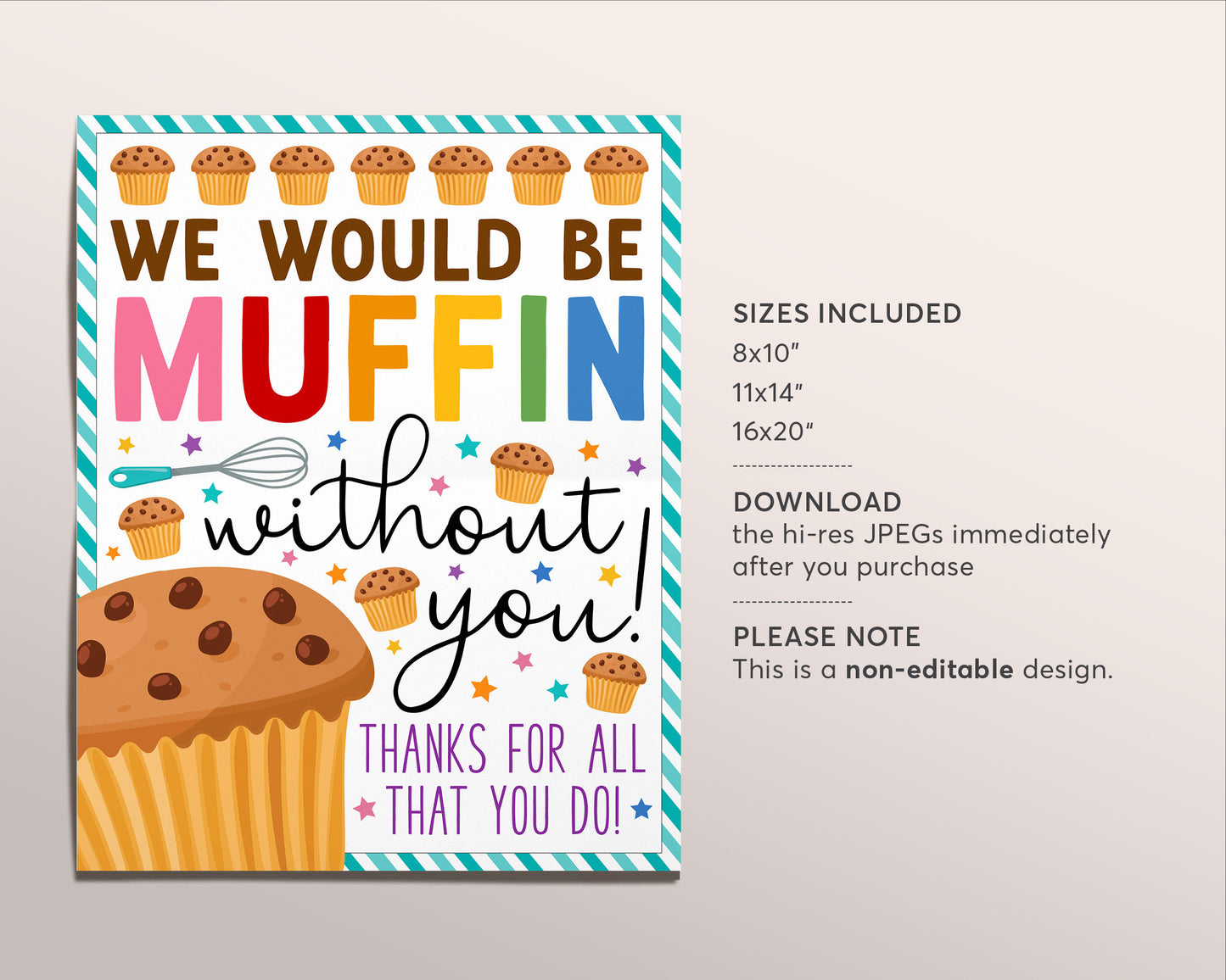 Muffin Appreciation Sign Printable, Muffin Without You Appreciation Poster Thank You Breakfast Brunch Party Decor Nurse Staff Teacher School