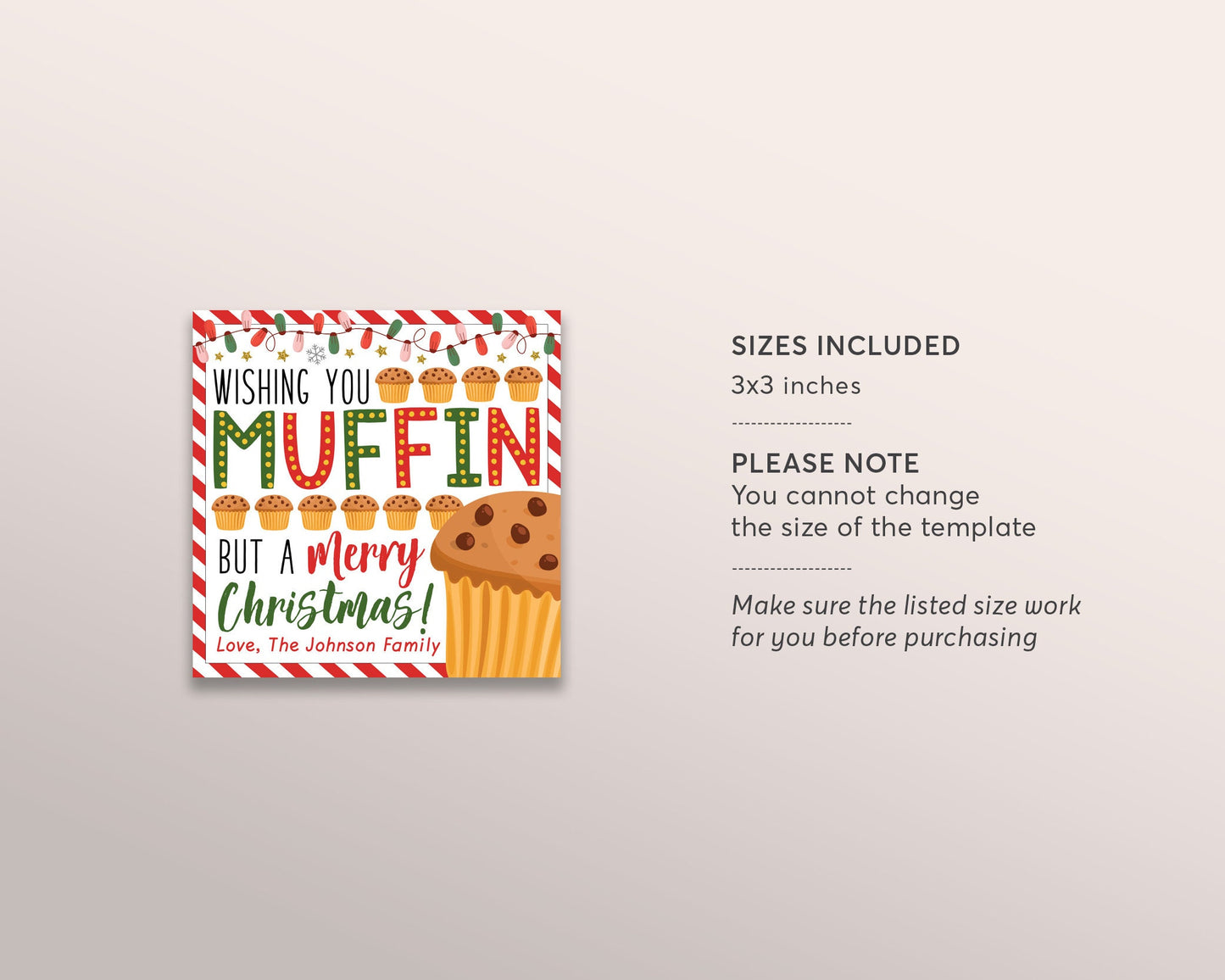 Holiday Muffin Gift Tags Editable Template, Wishing You Muffin But A Merry Christmas Xmas Treat Teacher Staff Employee Appreciation PTO PTA