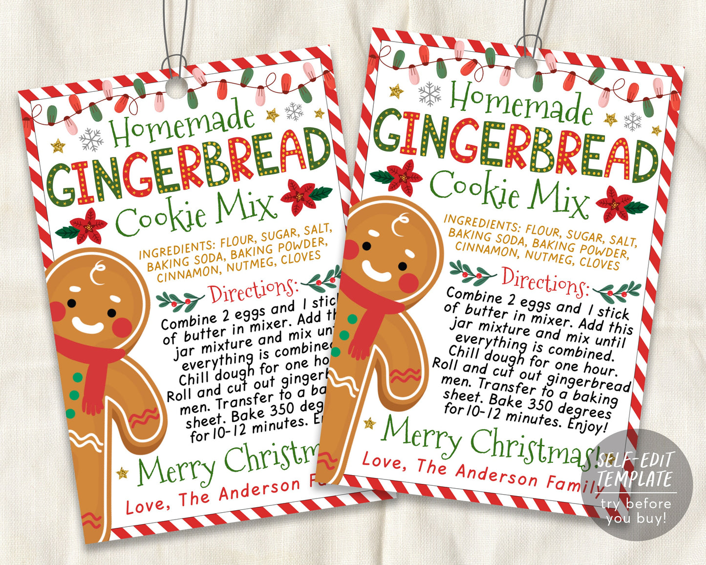 Gingerbread Recipe Christmas Gift Tag Editable Template,