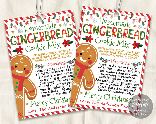 Gingerbread Recipe Christmas Gift Tag Editable Template,