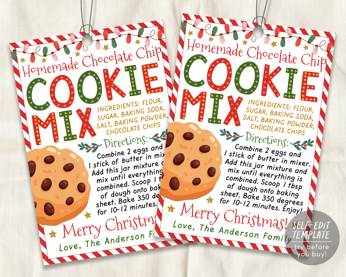 Cookie Recipe Christmas Gift Tag Editable Template