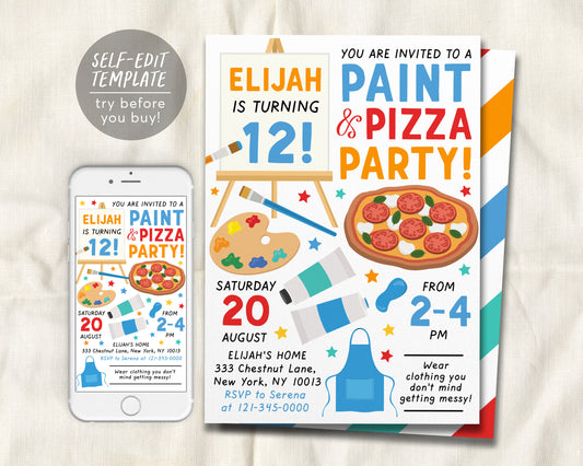 Paint And Pizza Party Birthday Invitation Editable Template