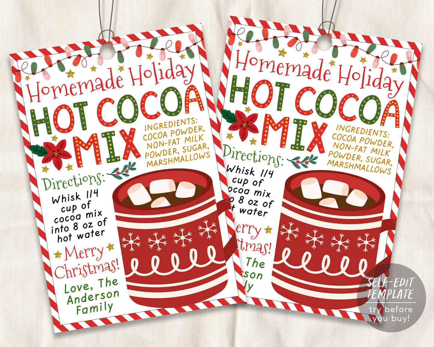 Hot Cocoa Recipe Christmas Gift Tag Editable Template