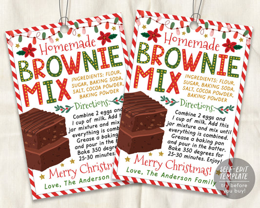 Brownie Mix Recipe Christmas Gift Tag Editable Template, Holiday Chocolate Treat Jar Mix Tag, Teacher Staff Secret Santa Xmas Winter Hostess