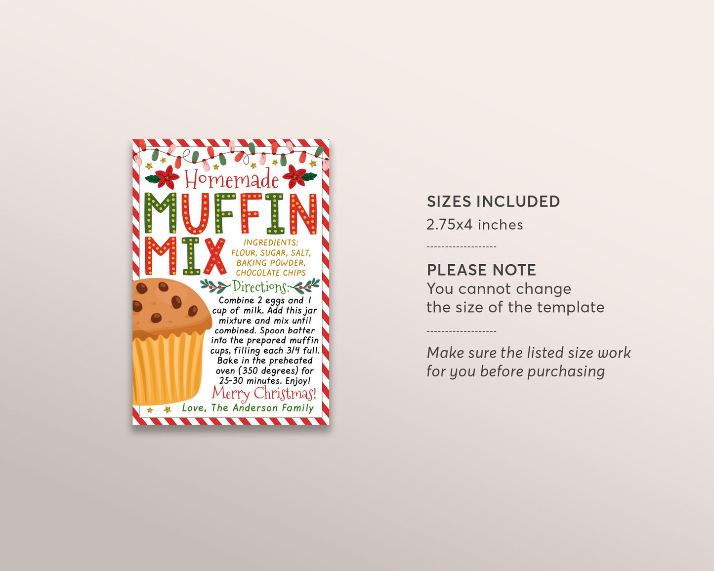 Muffin Mix Recipe Christmas Gift Tag Editable Template, Holiday Brunch Breakfast Treat Jar Mix Tag, Teacher Staff Secret Santa Xmas Winter