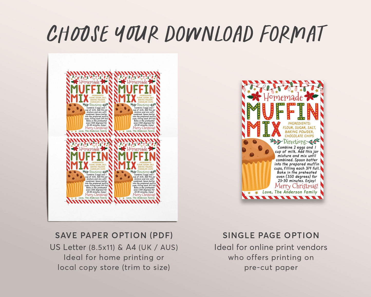 Muffin Mix Recipe Christmas Gift Tag Editable Template, Holiday Brunch Breakfast Treat Jar Mix Tag, Teacher Staff Secret Santa Xmas Winter