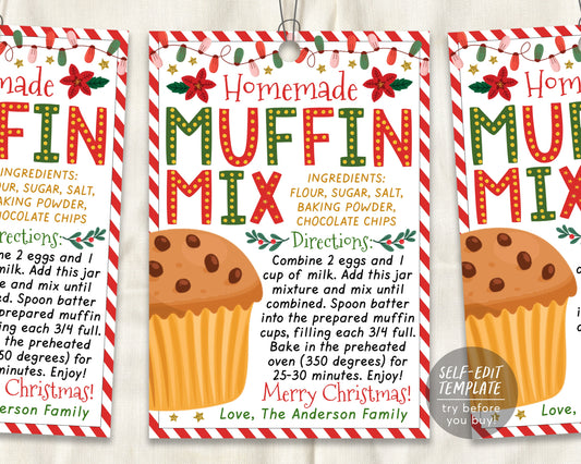 Muffin Mix Recipe Christmas Gift Tag Editable Template, Holiday Brunch Breakfast Treat Jar Mix Tag, Teacher Staff Secret Santa Xmas Winter