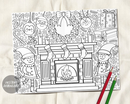 Elf Christmas Coloring Page Placemat For Kids, Holiday Elves Xmas Wreath Fireplace Winter Activity Sheet, Classroom Coloring Sheet Printable