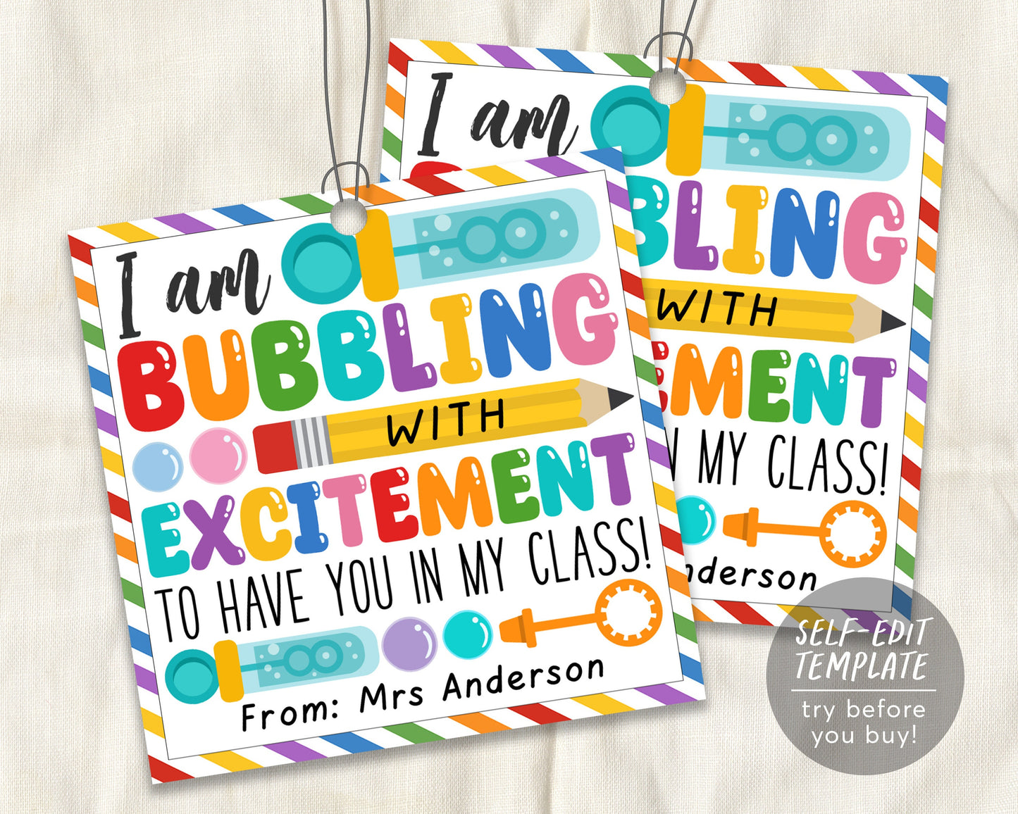 Bubbling With Excitement Back to School Gift Tag Editable Template, First Day Of School Kids Classroom Bubbles Favor Tags, PTA PTO Students