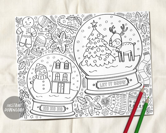 Winter Wonderland Coloring Page Placemat For Kids, Snow Globe Holiday Christmas Xmas Activity Sheet, Snowman Classroom Instant Download