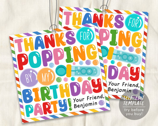 Thanks For Popping By Birthday Party Favor Tags Editable Template, Kids Bubbles Birthday Celebration Rainbow Thank You Gift Tag Printable
