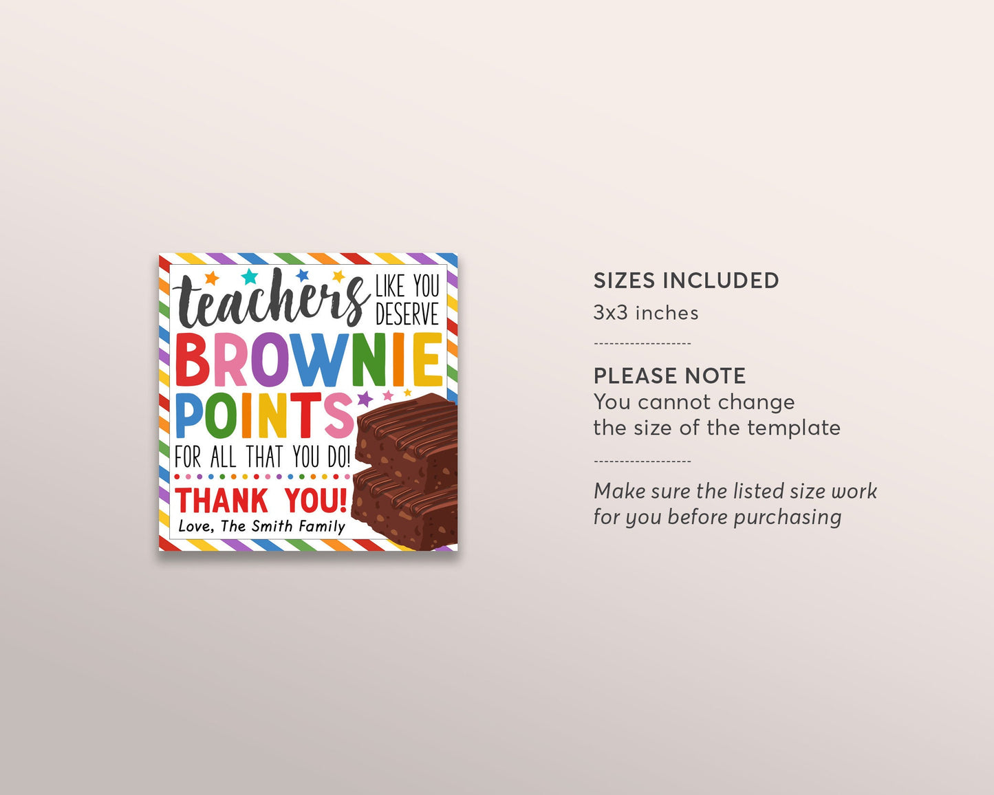 Teachers Like You Deserve Brownie Points Editable Template, Chocolate Brownie Gift Treat Tags, Staff School PTO PTA Appreciation Label DIY