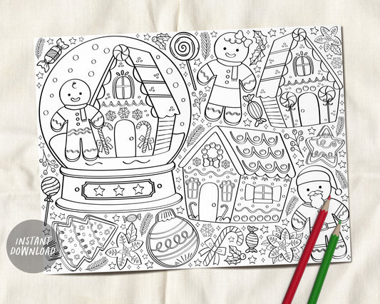 Gingerbread Christmas Coloring Page Placemat For Kids, Holiday Xmas Cookies Activity Sheet Preschool Kindergarten Classroom Instant Download