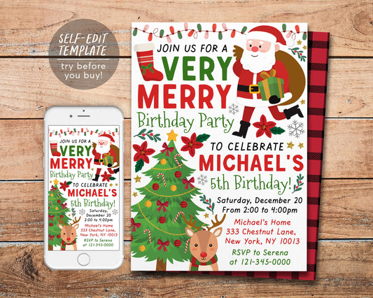 Santa Christmas Very Merry Birthday Invitation Editable Template