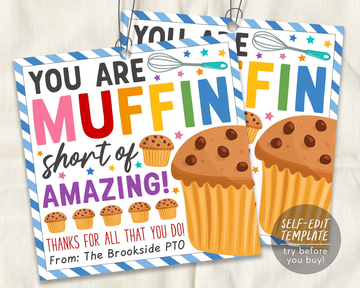 Muffin Gift Tag Editable Template, You Are Muffin Short of Amazing Favor Treat Tags, Employee Volunteer Friend Staff Thank You Appreciation
