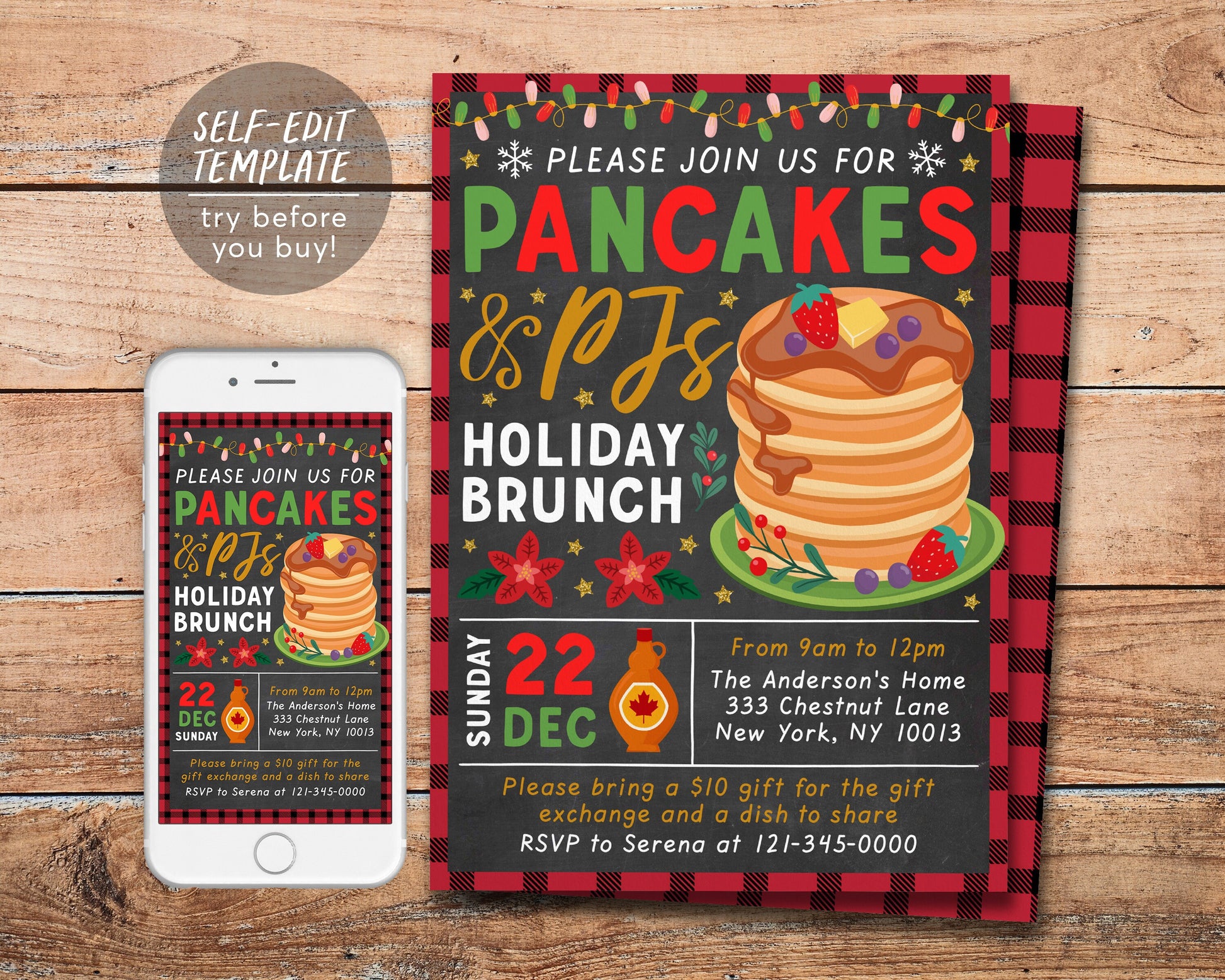 Christmas Pancakes and PJs Holiday Brunch Invitation Editable Template