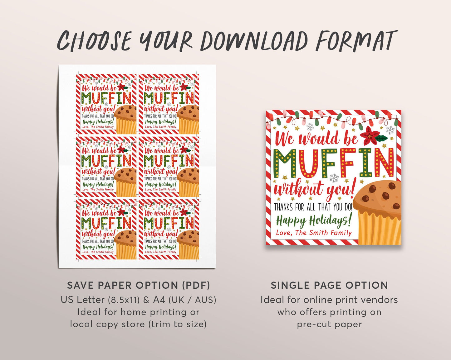 Christmas Muffin Gift Tags Editable Template, We Would Be Muffin Without You Thank You Holiday Xmas Treat Teacher PTO PTA Staff Appreciation