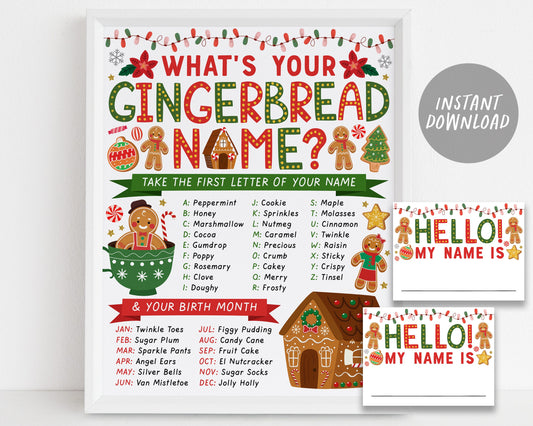 What's Your Gingerbread Name Game, Gingerbread Decorating Party Game With Name Tags And Sign Printable, Christmas Holiday Winter Activity