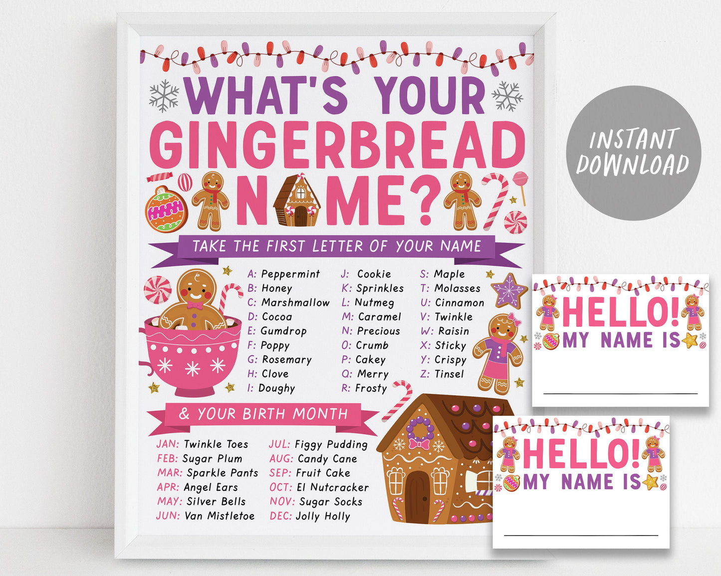 What's Your Gingerbread Name Game, Gingerbread Decorating Birthday Party Game With Name Tags And Sign Printable, Christmas Holiday Activity