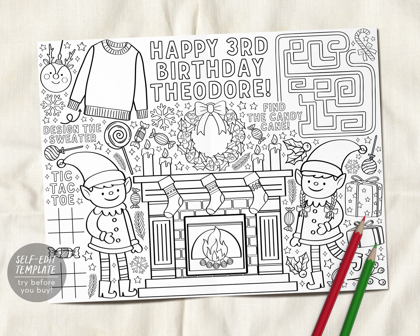 Elf Birthday Coloring Page Placemat For Kids