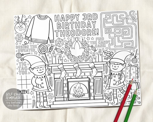 Elf Birthday Coloring Page Placemat For Kids