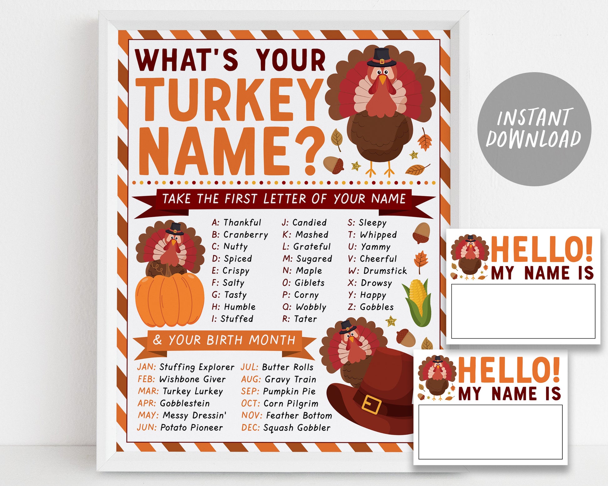 what's your turkey name game, thanksgiving dinner game activity with name tags and sign, family fall autumn party games, holiday kids adult
